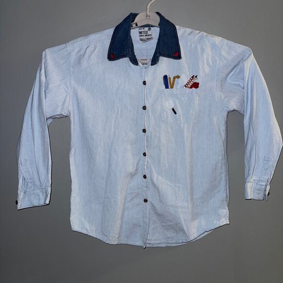 Vtg Way To Go Shirt Striped Denim Embroidered Button Down Novelty Denim Collar - Picture 1 of 9